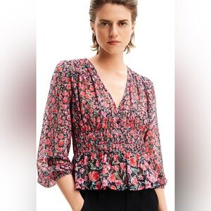 Desigual Hamburgo Floral Chiffon Top | Smocked Waist | M